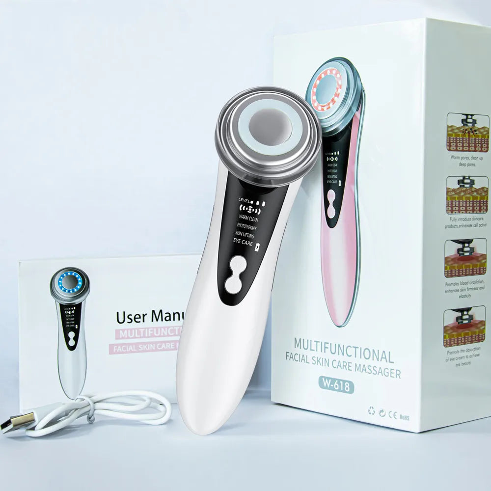 Multifunctional facial skin care massager with packaging and user manual on a light gray background