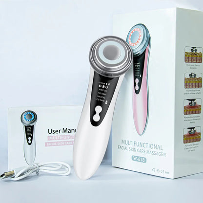 Multifunctional facial skin care massager with packaging and user manual on a light gray background