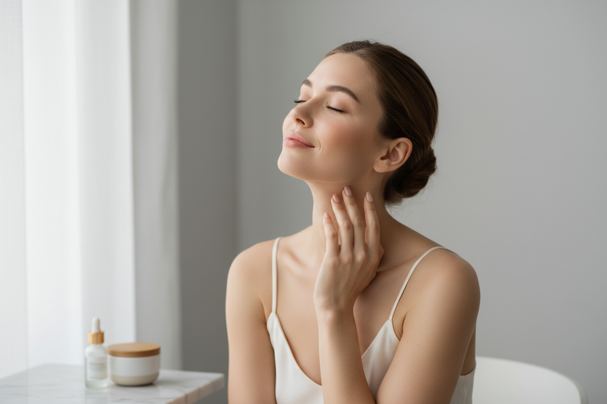 I need photo for FAQs section for skincare niche. Maybe woman touching her neck or sth like that